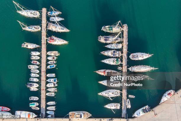 Aerial images of Rethymno beach town in Creta island in Greece. Rethymno is a little historic beach town in the northern coast in Crete, laying on...