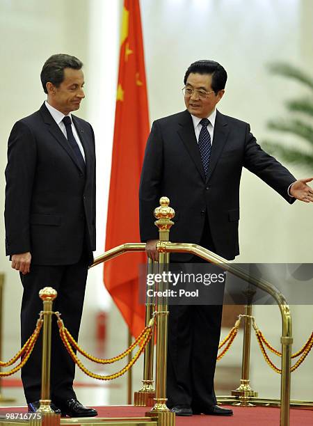 France's President Nicolas Sarkozy attends a welcome ceremony with China's President Hu Jintao at the Great Hall of the People on April 28, 2010 in...