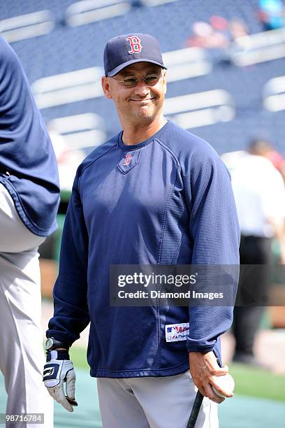 Manager Terry Francona of the Boston Red Sox watches batting practice prior to an exhibition game on April 3, 2010 against the Washington Nationals...