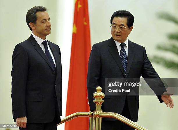 France's President Nicolas Sarkozy attends a welcome ceremony with China's President Hu Jintao at the Great Hall of the People on April 28, 2010 in...