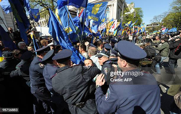 Riot police clashes with opposition supporters during a protest rally in front of Ukrainian Parliament in Kiev on April 27, 2010. Ukraine's...