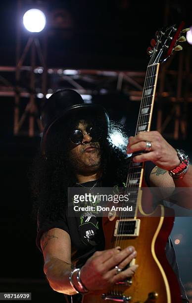 Slash performs on stage at the "MTV Classic: The Launch" music event at the Palace Theatre on April 28, 2010 in Melbourne, Australia. The event marks...