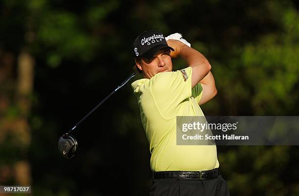 Roland Thatcher hits a shot during the first round of the Verizon Heritage at the Harbour Town Golf Links on April 15, 2010 in Hilton Head lsland,...