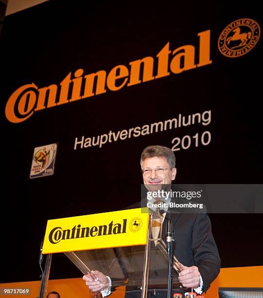 Elmar Degenhart, chief executive officer of Continental AG, pauses while speaking during the company's annual shareholders' meeting in Hanover,...