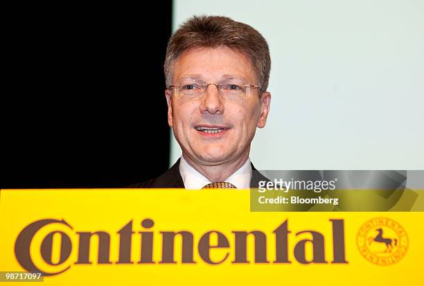 Elmar Degenhart, chief executive officer of Continental AG, pauses while speaking during the company's annual shareholders' meeting in Hanover,...