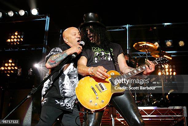 Musicians Angry Anderson and Slash performs on stage at the "MTV Classic: The Launch" music event at the Palace Theatre on April 28, 2010 in...