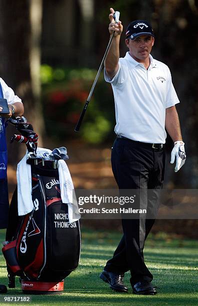 Nicholas Thompson pulls a club during the second round of the Verizon Heritage at the Harbour Town Golf Links on April 16, 2010 in Hilton Head...