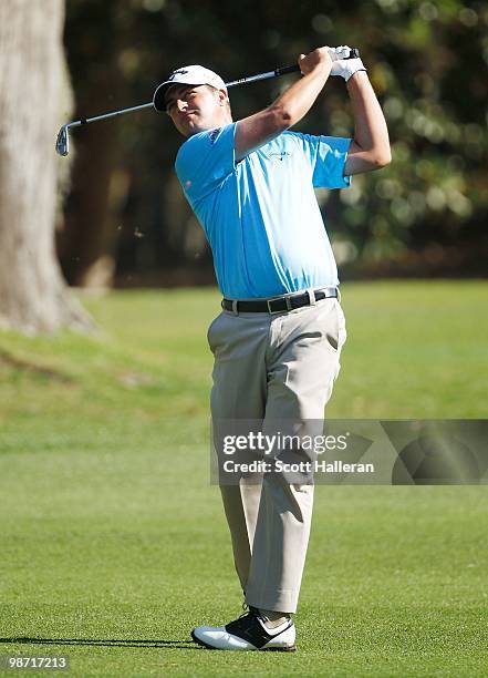 Brian Stuard hits a shot during the second round of the Verizon Heritage at the Harbour Town Golf Links on April 16, 2010 in Hilton Head lsland,...