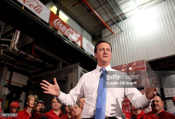 David Cameron, the leader of the Conservative party, visits a Coca-Cola factory on April 28, 2010 in Wakefield, England. The three main political...