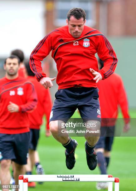 Jamie Carragher of Liverpool in action during a training session prior to their UEFA Europa League semi-final, second leg match against Athletico...