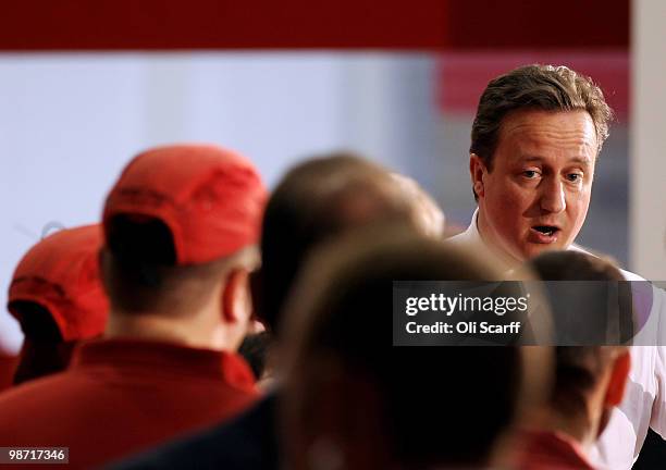 David Cameron, the leader of the Conservative party, visits a Coca-Cola factory on April 28, 2010 in Wakefield, England. The three main political...