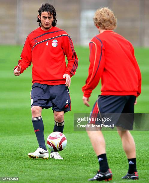 Alberto Aquilani of Liverpool in action during a training session prior to their UEFA Europa League semi-final, second leg match against Athletico...