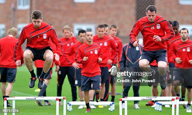 Steven Gerrard and Jamie Carragher of Liverpool in action during a training session prior to their UEFA Europa League semi-final, second leg match...