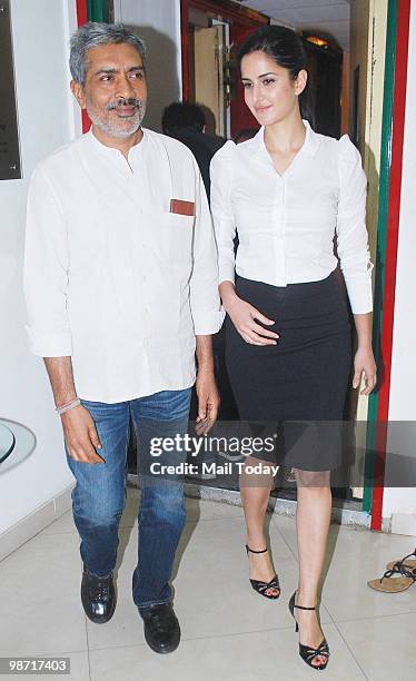 Prakash Jha with Katrina Kaif at a promotional event for Rajneeti in Mumbai on April 27, 2010.