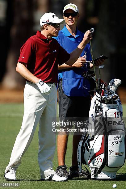 Nick O'Hern pulls a club during the second round of the Verizon Heritage at the Harbour Town Golf Links on April 16, 2010 in Hilton Head lsland,...