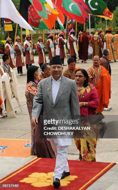 Nepalese Prime Minister Madhav Kumar Nepal arrivesto attend the 16th South Asian Association for Regional Cooperation summit in Thimphu on April 28,...