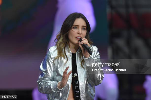 Mexican singer Belinda performs during Andres Manuel Lopez Obrador final event of the 2018 Presidential Campaign at Azteca Stadium on June 27, 2018...