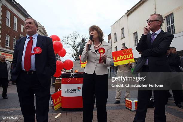 Labour MP's John Prescott Harriet Harman and Ian Austin chat to shoppers during the election campaign on April 28, 2010 in Dudley, England. The...