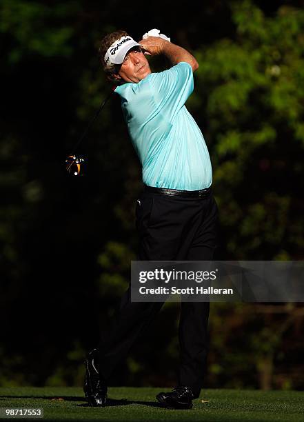 Michael Allen hits a shot during the second round of the Verizon Heritage at the Harbour Town Golf Links on April 16, 2010 in Hilton Head lsland,...
