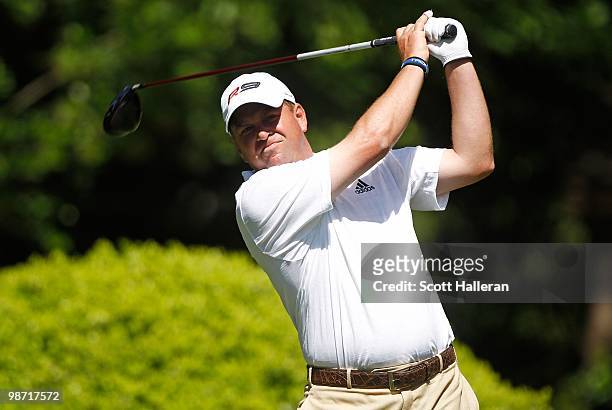 Matt Bettencourt hits a shot during the second round of the Verizon Heritage at the Harbour Town Golf Links on April 16, 2010 in Hilton Head lsland,...