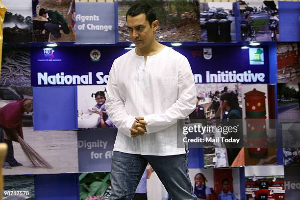 Actor and brand ambassador of National School Sanitation Initiative Aamir Khan at the launch of the government's school sanitation programme in New...