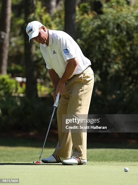 Matt Bettencourt watches a putt during the second round of the Verizon Heritage at the Harbour Town Golf Links on April 16, 2010 in Hilton Head...