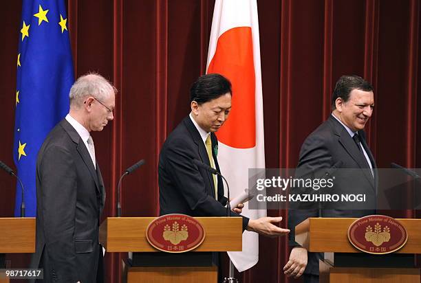 Japanese Prime Minister Yukio Hatoyama leads Herman Van Rompuy , president of the European Council and Jose Manuel Barroso , president of the...