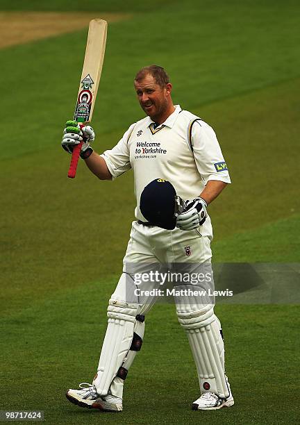 Anthony McGrath of Yorkshire celebrates his century during the LV County Championship match between Yorkshire and Durham at Headingley Carnegie...