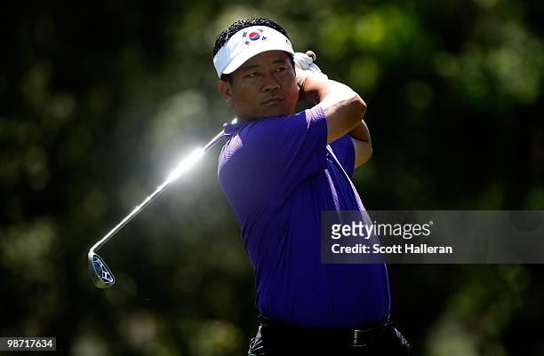 Choi hits a shot during the second round of the Verizon Heritage at the Harbour Town Golf Links on April 16, 2010 in Hilton Head lsland, South...