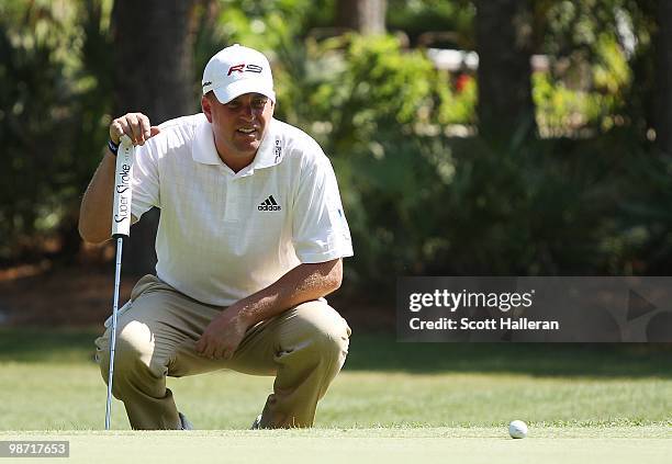 Matt Bettencourt lines up a putt during the second round of the Verizon Heritage at the Harbour Town Golf Links on April 16, 2010 in Hilton Head...