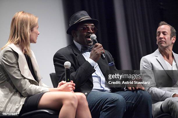 Director Tamra Davis, Fab 5 Freddy and artist Kenny Scharf attend a special screening of Jean-Michel Basquiat: The Radiant Child presented by NOWNESS...