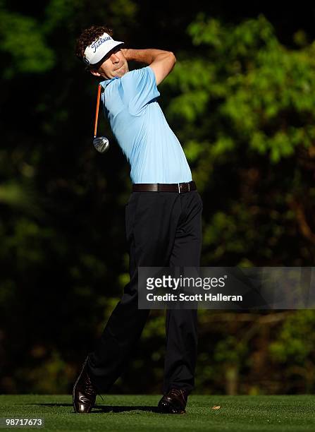 Michael Letzig hits a shot during the second round of the Verizon Heritage at the Harbour Town Golf Links on April 16, 2010 in Hilton Head lsland,...