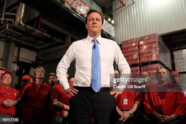 David Cameron, the leader of the Conservative party, visits a Coca Cola factory on April 28, 2010 in Wakefield, England. The three main political...