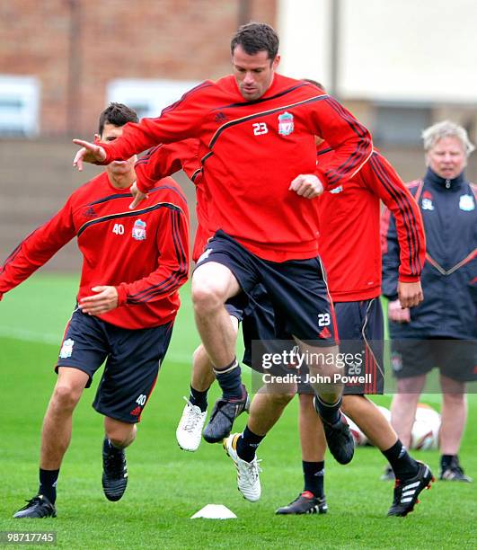 Jamie Carragher of Liverpool in action during a training session prior to their UEFA Europa League semi-final, second leg match against Athletico...