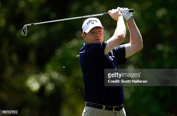 Shaun Micheel hits a shot during the second round of the Verizon Heritage at the Harbour Town Golf Links on April 16, 2010 in Hilton Head lsland,...