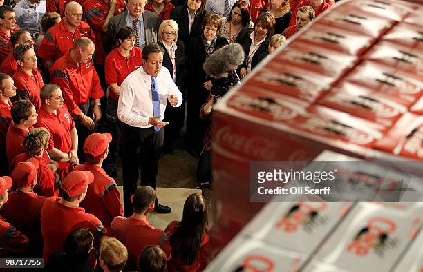 David Cameron, the leader of the Conservative party, visits a Coca Cola factory on April 28, 2010 in Wakefield, England. The three main political...