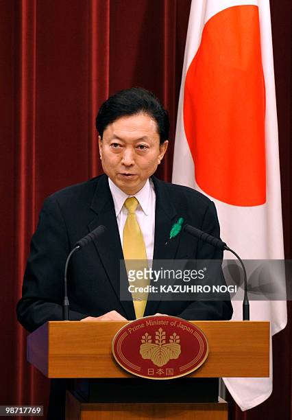 Japanese Prime Minister Yukio Hatoyama speaks during a joint press conference with heads of EU delegation at his official residence in Tokyo on April...