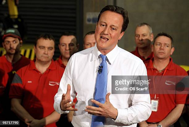 David Cameron, the leader of the Conservative party, visits a Coca Cola factory on April 28, 2010 in Wakefield, England. The three main political...