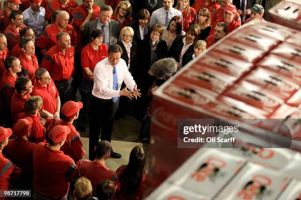 David Cameron, the leader of the Conservative party, visits a Coca Cola factory on April 28, 2010 in Wakefield, England. The three main political...