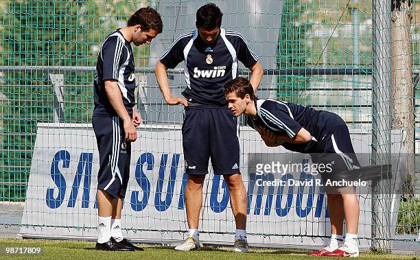 Gonzalo Higuain , Ezequiel Garay and Fernando Gago of Real Madrid in action during a training sessiona at Valdebebas on April 28, 2010 in Madrid,...