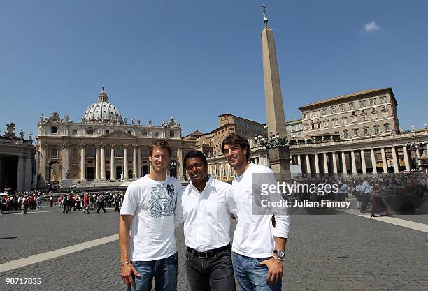 Tennis players Andreas Seppi of Italy, Leander Paes of India and Jeremy Chardy of France pose for a picture at the Vatican after attending the weekly...