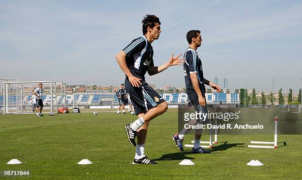 Kaka and Alvaro Arbeloa in action during a training sessiona at Valdebebas on April 28, 2010 in Madrid, Spain.