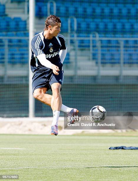 Cristiano Ronaldo of Real Madrid in action during a training sessiona at Valdebebas on April 28, 2010 in Madrid, Spain.