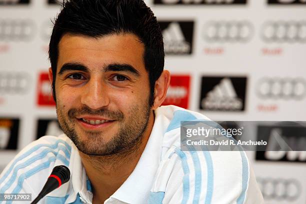 Raul Albiol of Real Madrid gives a press conference after a training sessiona at Valdebebas on April 28, 2010 in Madrid, Spain.