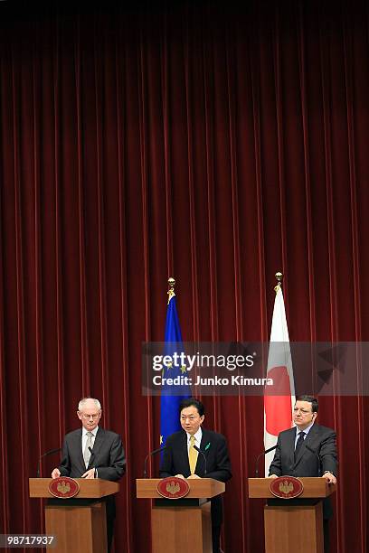 European Council President Herman Van Rompuy , European Commission President Jose Manuel Barroso and Japanese Prime Minister Yukio Hatoyama attend a...