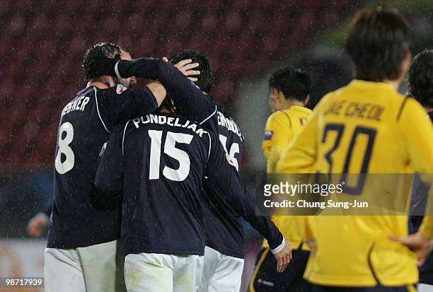 Tom Pondeljak of Melbourne Victory celebrate with his team mate after score during the AFC Champions League group E match between Seongnam Ilhwa FC...