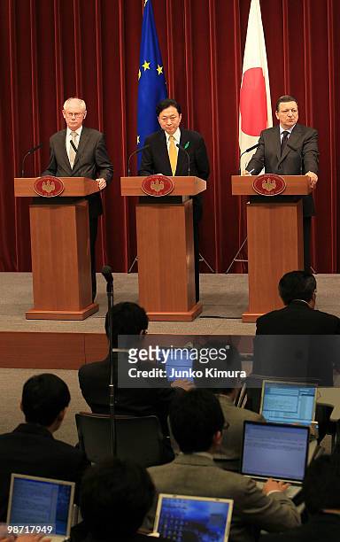 European Council President Herman Van Rompuy , European Commission President Jose Manuel Barroso and Japanese Prime Minister Yukio Hatoyama attend a...