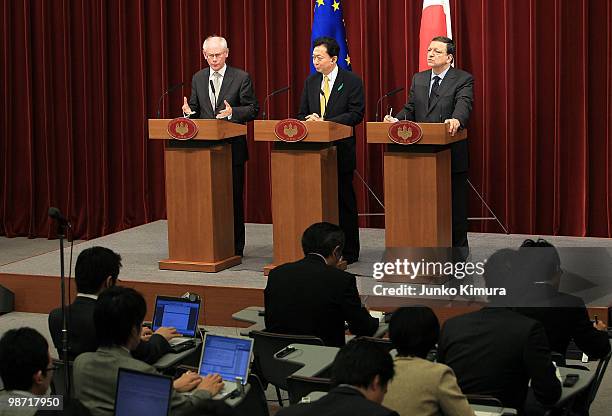 European Council President Herman Van Rompuy , European Commission President Jose Manuel Barroso and Japanese Prime Minister Yukio Hatoyama attend a...