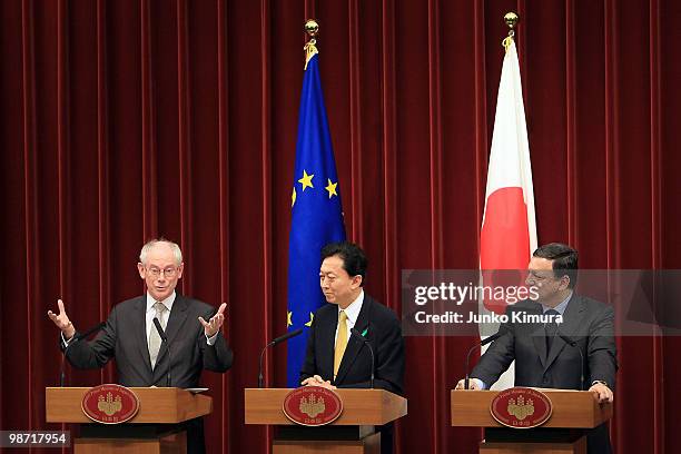 European Council President Herman Van Rompuy , European Commission President Jose Manuel Barroso and Japanese Prime Minister Yukio Hatoyama attend a...