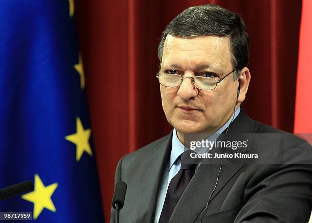 European Commission President Jose Manuel Barroso attends a joint press conference at Hatoyama's official residence on April 28, 2010 in Tokyo,...